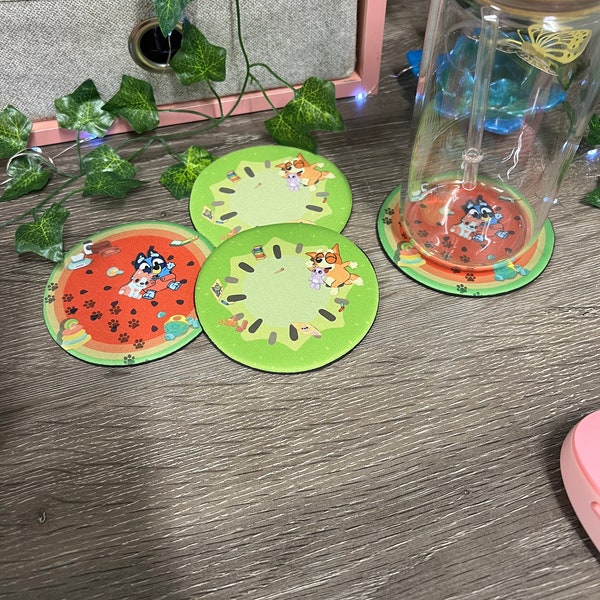 Watermelon and Kiwi coasters /Baby Bluey Heeler / Bingo Heeler / Watermelong Rug / Kiwi Rug /Cup Coaster / Cute Gifts / Coaster Set / Family