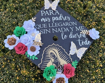 Virgin Mary Mexican graduation cap topper, spanish cap topper, white, red, and green flowers. 2023 graduate, 1st generation