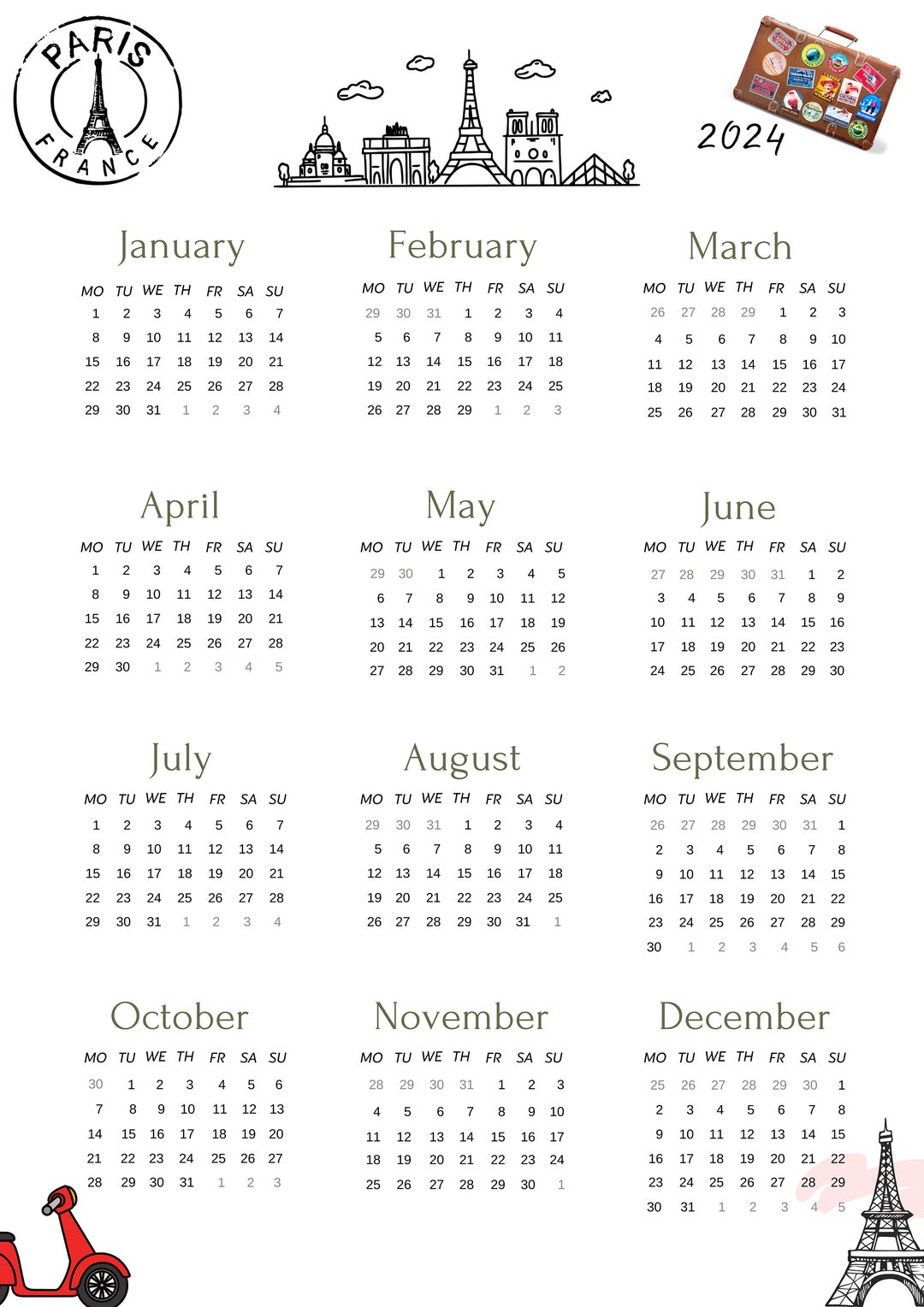 Calendar Paris Calendar 2024 Digital Printable Calendar PDF Etsy