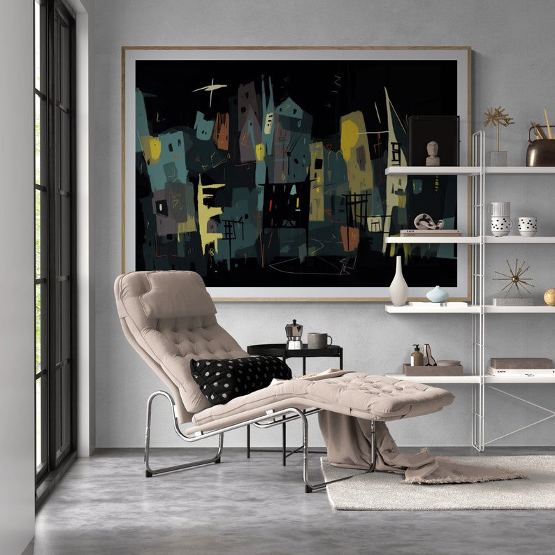 May include: An abstract cityscape painting in a wooden frame hangs above a beige chaise lounge. The artwork features buildings in teal, yellow, and orange against a black background. A black pillow with white polka dots rests on the lounge.