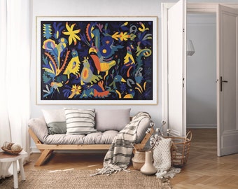 Blue and Yellow Bird Mexican Tropical Wall Art Jungle Rufino Tamayo Diego Rivera Rectangular Ultra High Resolution Large Decoration.