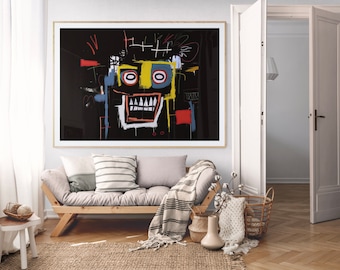 Jean Michel Basquiat Style Modern Art Print Colorful Abstract Smiling Face Skull  Black Background Ultra High Resolution Large Decoration.
