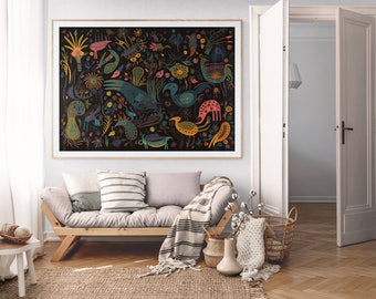 Impresión de arte de pared de pájaros coloridos, decoración de pared abstracta grande, pavo real, arte de playa mexicano moderno Digital, fondo oscuro