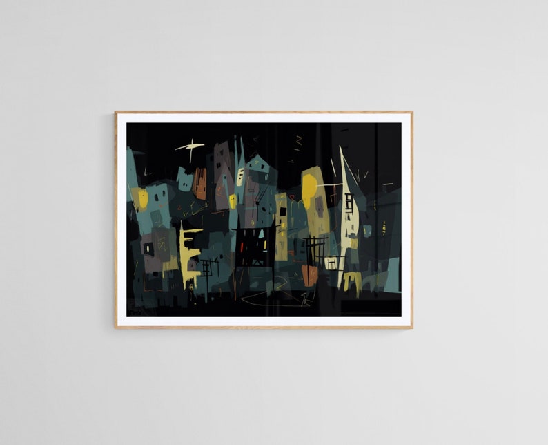 May include: Abstract art print depicting a cityscape at night. The artwork features buildings in shades of teal, yellow, and brown against a black background. A white frame surrounds the print, adding a modern touch to the artwork.