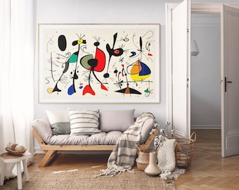 Miro Wall Art Style Digital Modern Art Print Colorful Abstract Birds on Cream Background Rectangular Ultra High Resolution Large Decoration.