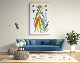 Leonora Carrington Style Simple Surrealist Colorful Abstract Drawing of Life Magician Crown White Background Woman Pencil Surrealism Miro