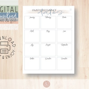 Monthly Planner - Year at a Glance - Important Dates - Printable Organizer