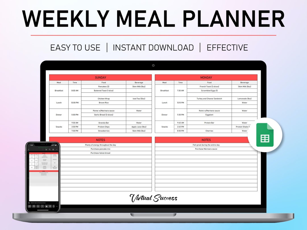 Weekly Meal Planner Spreadsheet Daily Meal Planner Digital Google