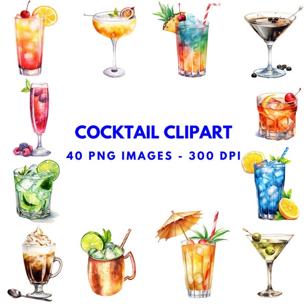 watercolor cocktail clipart - summer clipart - PNG instant download - transparent background - mojito - whiskey sour - margarita - sangria