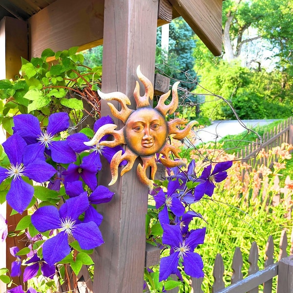 STGdecor Small Metal Hanging Sun Face Wall Art. 10.75 inch. Bronze finish. Celestial Sun and Moon decor for indoor or outdoor.