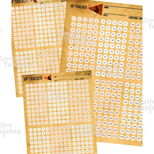 May include: A set of three vintage-style HP and P Tracker sheets for tabletop role-playing games. Each sheet features a grid of numbered circles for tracking hit points and other stats. The sheets have a distressed, aged paper appearance.
