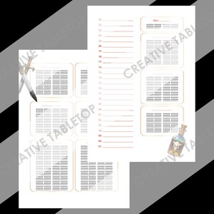 Könnte beinhalten: Ein druckbares PDF-Dokument mit einem schwarz-weißen Design. Das Dokument enthält ein Raster aus Quadraten mit Zahlen und einen Bereich zum Schreiben von Notizen. Das Dokument ist thematisch mit einem Schwert und einer Zaubertrankflasche gestaltet.