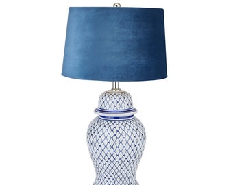 Blue And White Ceramic Lamp With Blue Velvet Shade, Accent piece, bedroom,living room