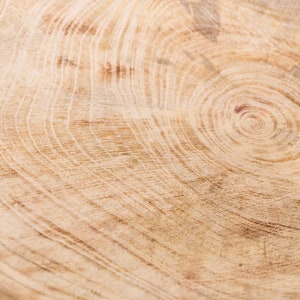 May include: Close-up of a light brown wood grain pattern with concentric circles. The wood has a natural, warm tone.