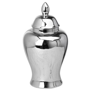 May include: A silver ceramic jar with a lid. The jar has a rounded body and a narrow neck. The lid has a pointed top.