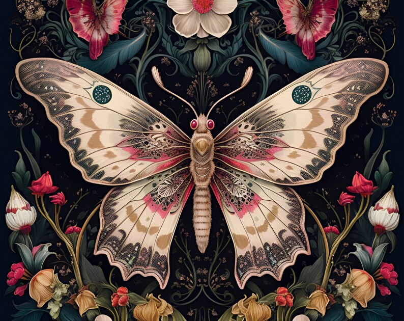 Gothic Floral Moth | 8x10 | Wall Art Print | Floral Printable | Dark ...