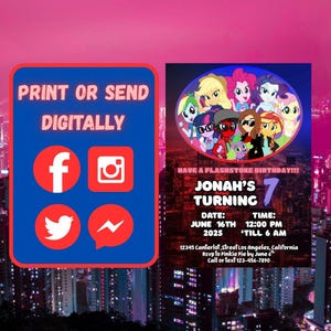 Puede incluir: Una invitación digital de cumpleaños con personajes de dibujos animados. La invitación incluye el texto "Jonah's Turning 7" con detalles de fecha y hora. También hay iconos de redes sociales y las palabras "Print or Send Digitally".
