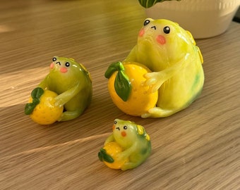 Frog with lemon figurine polymer clay cottagecore decor 3 sizes, desk friend