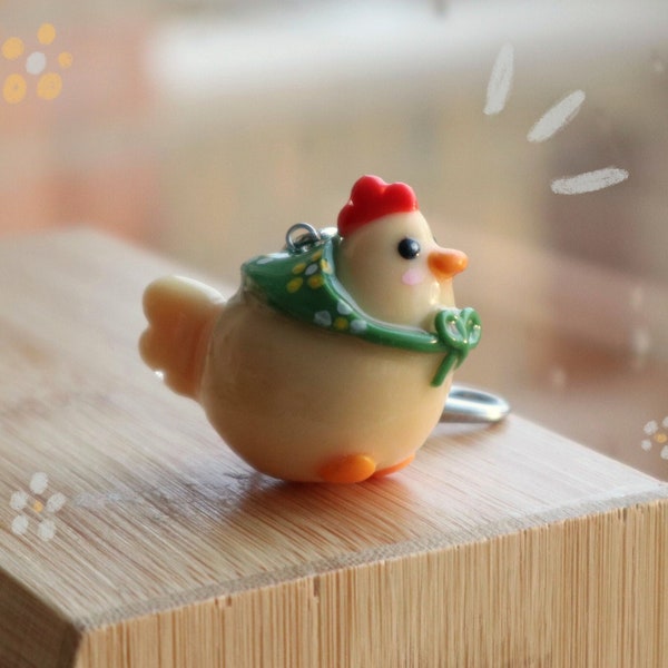 Porte-clés kawaii fait main de poulet potelé en argile polymère, figurine d'oiseau cottagecore, accessoire de sac