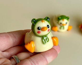 Chubby duck in frog hat polymer clay bird figurine, mini cottagecore kawaii desk decor