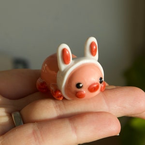 Polymer clay pig with white bunny handmade kawaii desk decoration figurine, desk friend