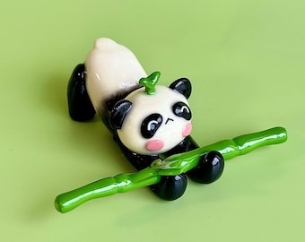 Panda figurine pencil holder, kawaii polymer clay desk friend decoration