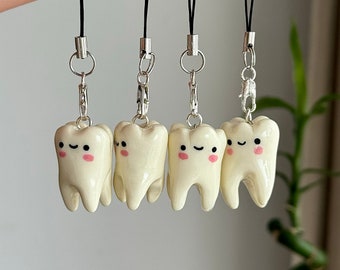 Phone strap charm smiling tooth, whimsical cute phone accessory, polymer clay keychain