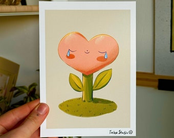 Fiore cuore sorridente con lacrime, stampa calda carina e originale 5x7 pollici, illustrazione artistica dal design originale da parete senza cornice