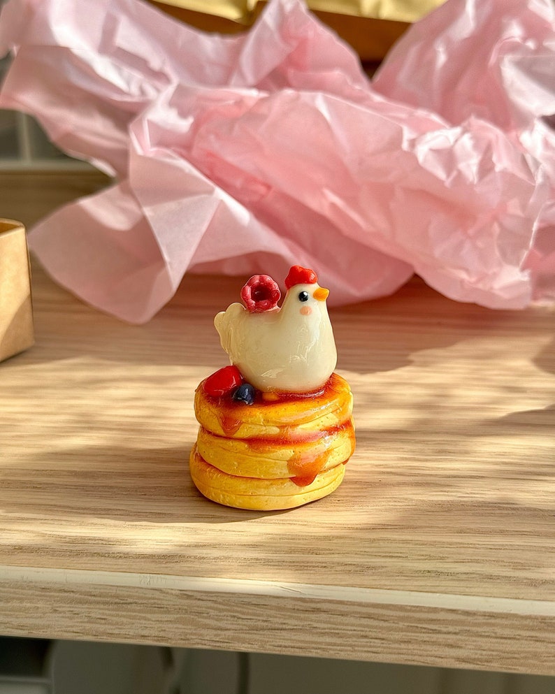 cute chicken on pancakes with berries polymer clay desk figurine, desk friends, desk buddy, cottagecore art kawaii