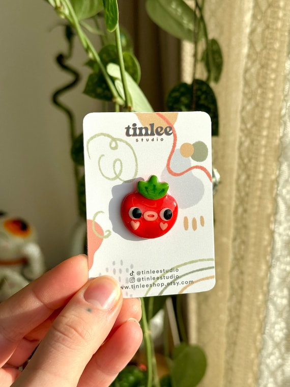 ❁⃘*.゜tomato❁⃘*.゜ Tomato Whimsical Face Pin, Polymer Clay Vegetable Brooch