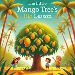 Op de afbeelding: Een kleurrijke illustratie van een mangoboom met rijpe gele mango's die aan zijn takken hangen. Twee kinderen staan voor de boom en kijken naar de vruchten. De tekst "The Little Mango Tree's Big Lesson" staat in grote, vetgedrukte letters bovenaan de afbeelding.