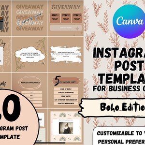 Könnte beinhalten: Ein digitales Instagram-Post-Vorlagenset, Boho-Edition, für Geschäftsinhaber. Das Design zeichnet sich durch eine neutrale Farbpalette mit floralen Akzenten aus. Enthält den Text "Instagram-Post-Vorlage für Geschäftsinhaber" und "Anpassbar an Ihre persönlichen Vorlieben".