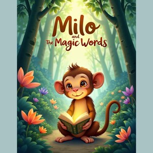 May include: A cartoon illustration of a brown monkey reading a book in a forest setting. The book is open and glowing with light. The title of the book is "Milo and the Magic Words".