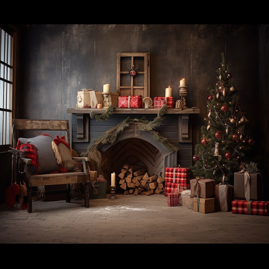 Christmas Living Room Backdrop, Christmas Tree, Cozy Vintage Backdrop