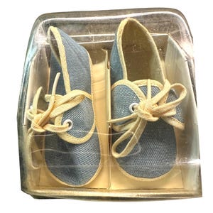 Vintage jaren 1950 babyschoentjes – maat 1 – blauw canvas Mrs. Day&#39;s Ideal – originele doos – retro babyslofjes – babyshower uit het midden van de eeuw