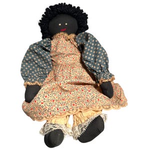 Handmade Black Cloth Rag Doll: 12&quot; Americana Folk Art Calico Dress