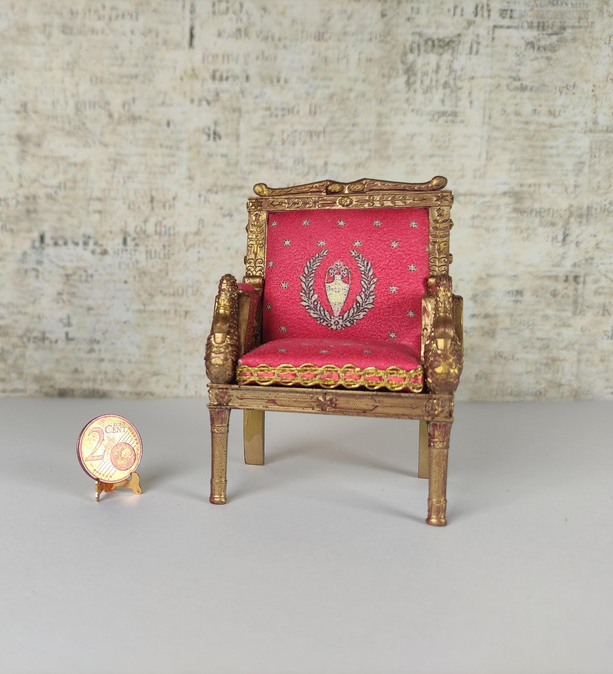 Paire De Chaises Miniatures Bronze Doré Et Velours Pour Poupée Vintage