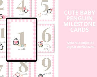 Baby Penguin Milestone Cards: Watercolor, Pastel Colors (PDF & PNG)