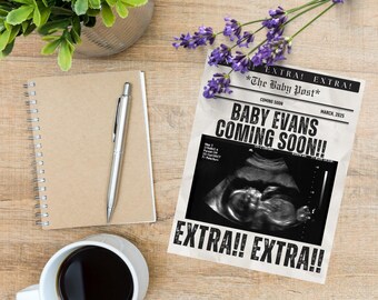 Vintage Newspaper Baby Announcement Template, Pregnancy Reveal (Canva)