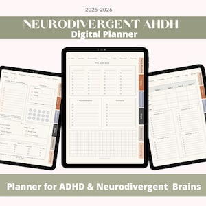May include: Three black digital tablets displaying a digital planner for ADHD and neurodivergent brains. The planner includes sections for daily routines, appointments, and notes. The text on the tablets reads "Neurodivergent ADHD Digital Planner" and "Planner for ADHD & Neurodivergent Brains."