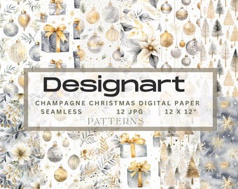 Watercolor Silver & Gold Christmas Digital Paper Pack 12 Champagne Holiday Backgrounds Elegant Metallic Winter Patterns JPEG