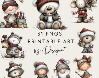 Whimsical Christmas Clipart, Santa, Woodland Animals (Digital Download - 31 PNGs)