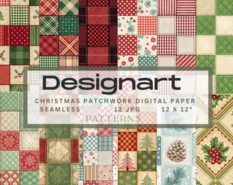 Christmas Patchwork Digital Paper Pack | 12 JPEG Quilted Holiday Backgrounds | Cozy Christmas Scrapbook Papers
