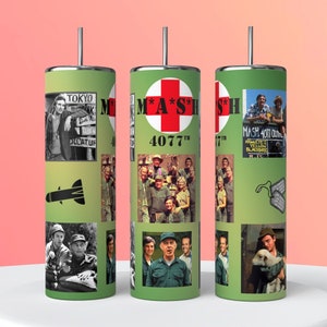 May include: Three green and white insulated tumblers with images of the M*A*S*H TV show characters and scenes. The middle tumbler has the text "M*A*S*H 4077" on it.