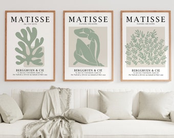 Sage Green Matisse Print Set of 3, Abstract Printable Wall Art, Henri Matisse Exhibition Poster, Gallery Wall Set, DIGITAL DOWNLOAD,