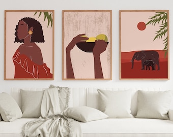 African American Poster, Wall Art Set Of 3, Abstract Ethnic Triptych, Afro Bohemian Decor, Modern Afro, African Girls Poster, African Gift