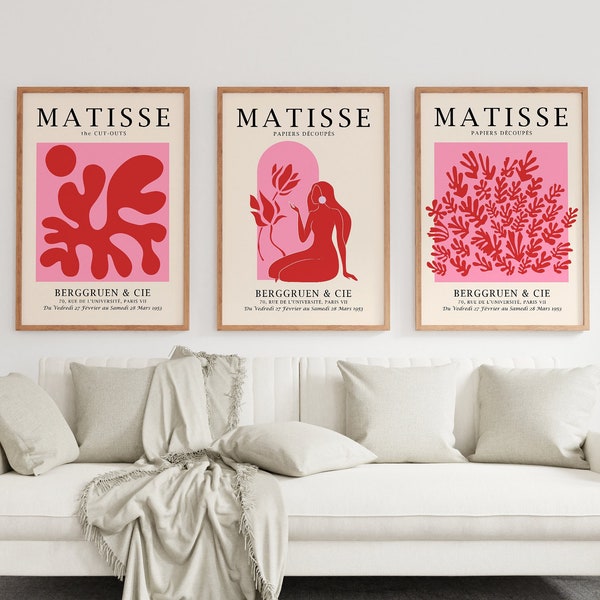 Red Pink Matisse Print Set, Matisse Posters, Matisse Exhibition Poster, Matisse Prints, Henri Matisse Set of 3 wall art, Gallery Wall Set