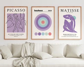 Paarse Matisse Poster Set van 3, Gallery Wall Art, Picasso Poster, Bauhaus Print, Bauhaus Poster, Gallery Wall Bundel, Picasso, Matisse Print