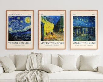Van Gogh Print Set de 3, Cafe Terrace Printable Wall Art, Affiche Van Gogh, Décoration murale nuit étoilée, Affiche d’exposition, Ensemble mural de galerie