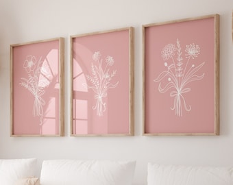 Botanical Wall Decor Set Of 3, Flowers Wall Art, Pink Botanical Art, Home Decor, Plant Wall Art, Flower Wall Print, Pink Wall Art, Line Art,